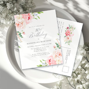 80ste verjaardagsfeestje Vrouwelijk Roze Bloemmoti Uitnodiging Briefkaart