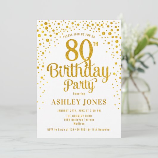 80ste verjaardagsfeestje - Wit & Goud Kaart (Staand voorkant)
