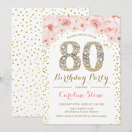 80ste verjaardagsfeestje - wit goud roze kaart (Voorkant / Achterkant)