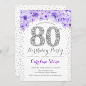 80ste verjaardagsfeestje - wit zilver Paarse Kaart (Voorkant / Achterkant)