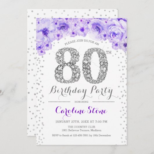 80ste verjaardagsfeestje - wit zilver Paarse Kaart (Voorkant / Achterkant)