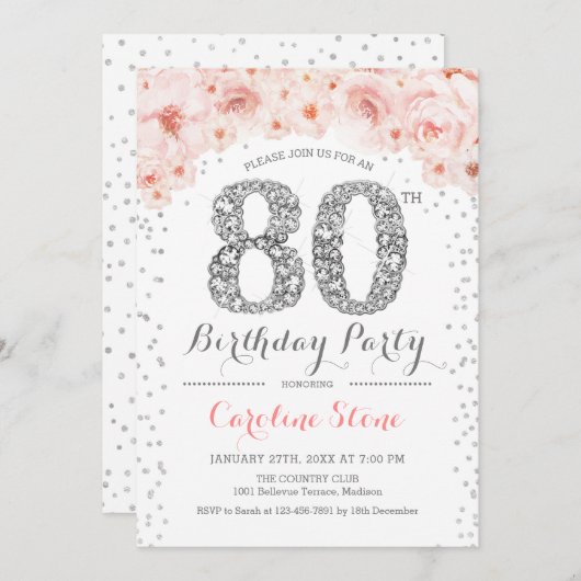 80ste verjaardagsfeestje - wit zilver roze kaart (Voorkant / Achterkant)