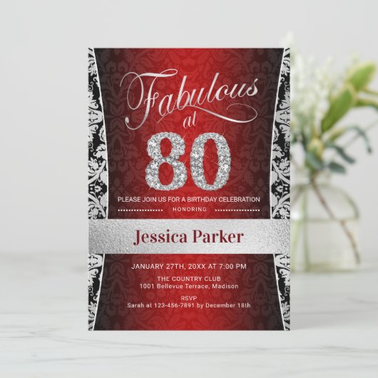 80ste verjaardagsfeestje - Zilver Rood Zwart Kaart (Staand voorkant)