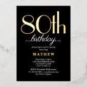 80ste verjaardagsfeestje zwart goud folie uitnodiging (Voorkant)