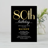 80ste verjaardagsfeestje zwart goud folie uitnodiging (Staand Voorkant)