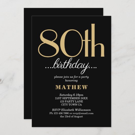80ste verjaardagsfeestje zwart goud kaart (Voorkant / Achterkant)