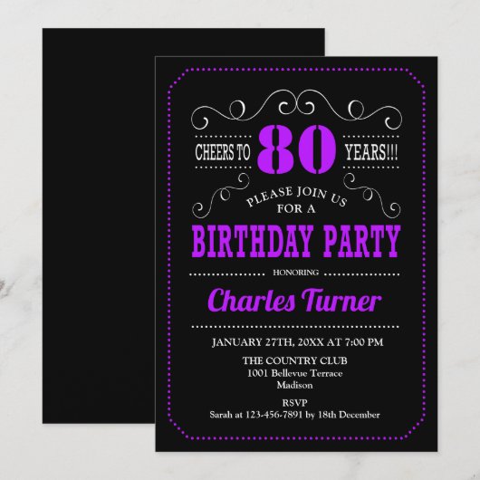 80ste verjaardagsfeestje - Zwart Paarse Kaart (Voorkant / Achterkant)