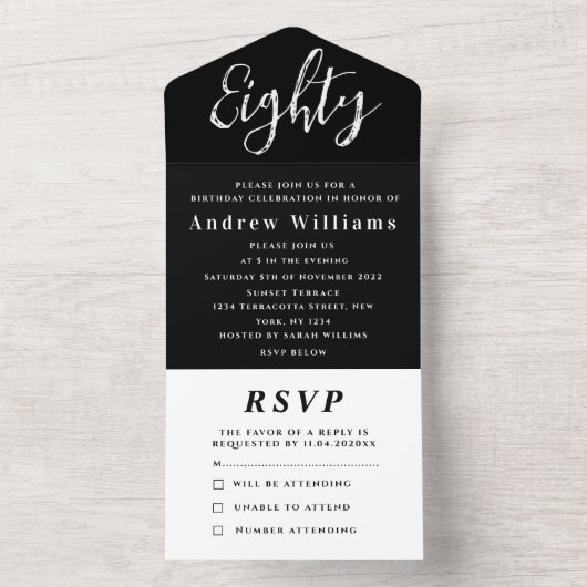 80ste verjaardagsfeestje zwart wit eenvoudig moder all in one uitnodiging (Binnen)