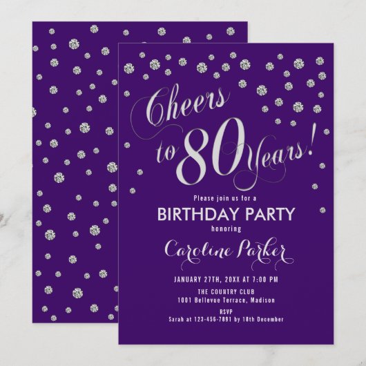 80ste Verjaardagsfeestuitnodiging - Silver Paarse Kaart (Voorkant / Achterkant)
