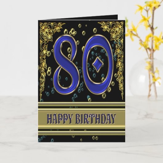 80ste verjaardagskaart met goud en bubbels kaart (Gele Bloem)