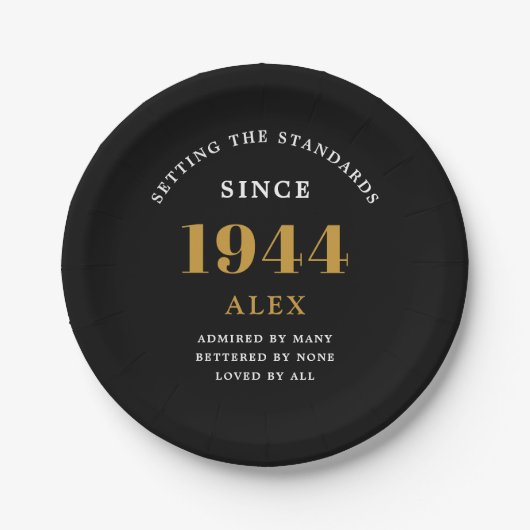 80ste Verjaardagsnaam 1944 Zwart Goud Elegant Chic Papieren Bordje (Voorkant)