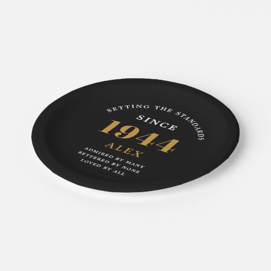 80ste Verjaardagsnaam 1944 Zwart Goud Elegant Chic Papieren Bordje (Gekanteld)