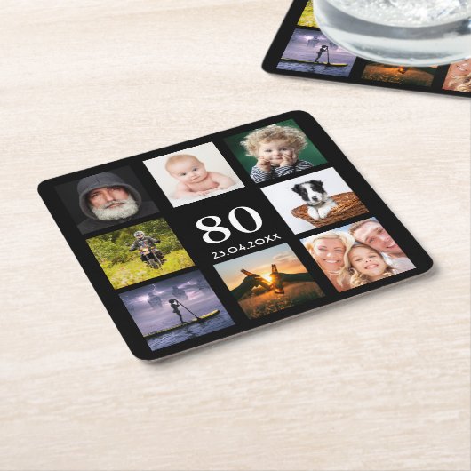 80ste verpartij feest foto collage man zwart kartonnen onderzetters (Schuin)