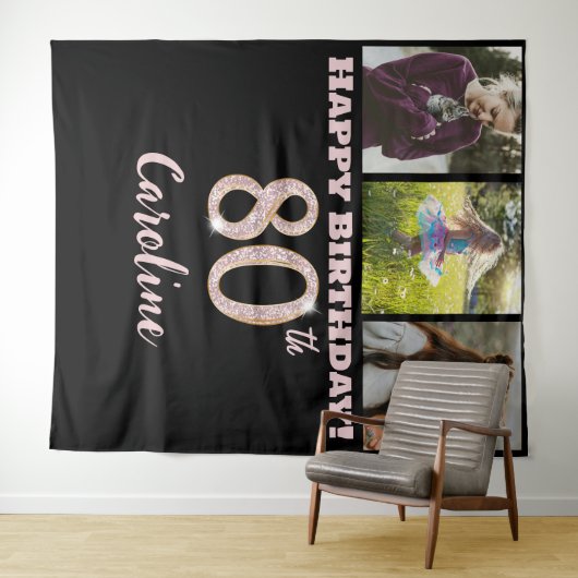 80ste verparty, roze gouden glitter & 3 foto's wandkleed (In Situ (horizontaal))