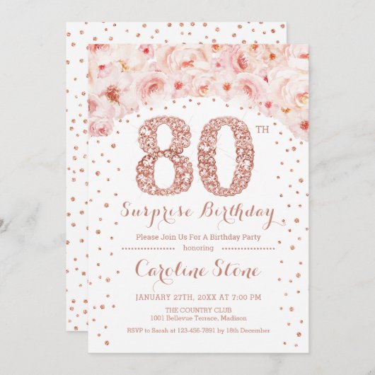 80ste Verrassingsverjaardagsfeestje - Wit Rose Gol Kaart (Voorkant / Achterkant)