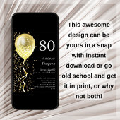 80ste | Zwart & Goud Glitter Ballon Verjaardag Kaart