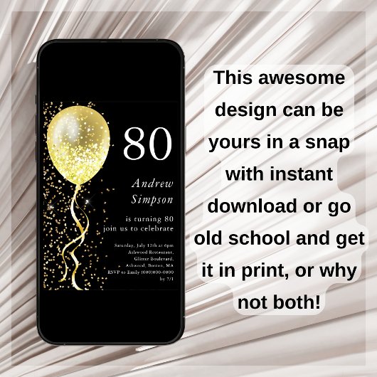 80ste | Zwart & Goud Glitter Ballon Verjaardag Kaart