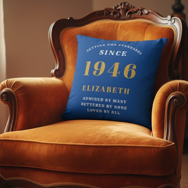 80th Birthday 1946 Add Name Blue Gold Personalized Kussen (1946 throw pillow on orange chair)