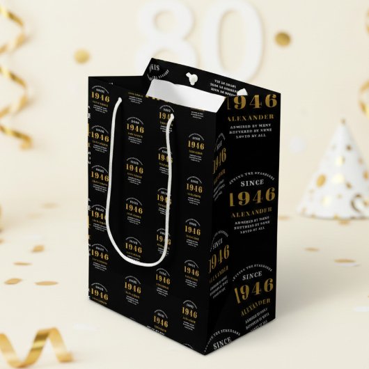 80th Birthday 1946 Black Gold Chic Elegant Medium Cadeauzakje