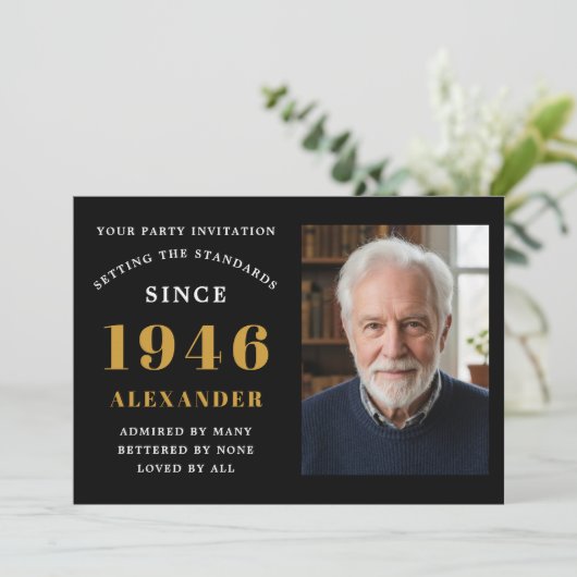80th Birthday 1946 Black Gold Personalized Photo Kaart (Staand voorkant)