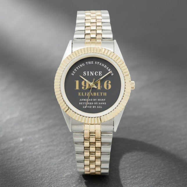 80th Birthday 1946 Elegant Black White Chic Horloge (Born 1946 birthday watch. Grey background)