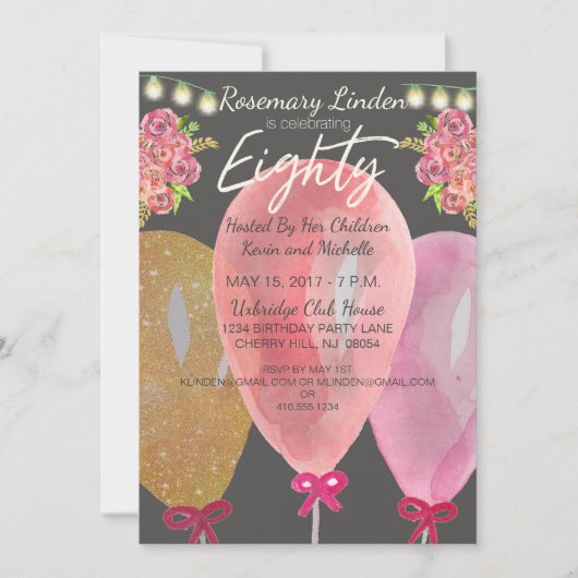80th Birthday Balloons Flowers and Lights Invite Kaart (Voorkant)