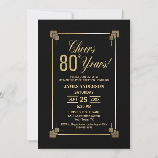 80th Birthday Black and Gold Party Invitation Kaart (Voorkant)