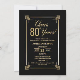 80th Birthday Black and Gold Party Invitation Kaart