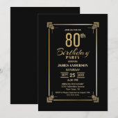 80th Birthday Black and Gold Party Invitation Kaart (Voorkant / Achterkant)