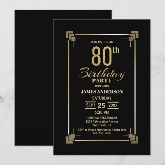 80th Birthday Black and Gold Party Invitation Kaart (Voorkant / Achterkant)