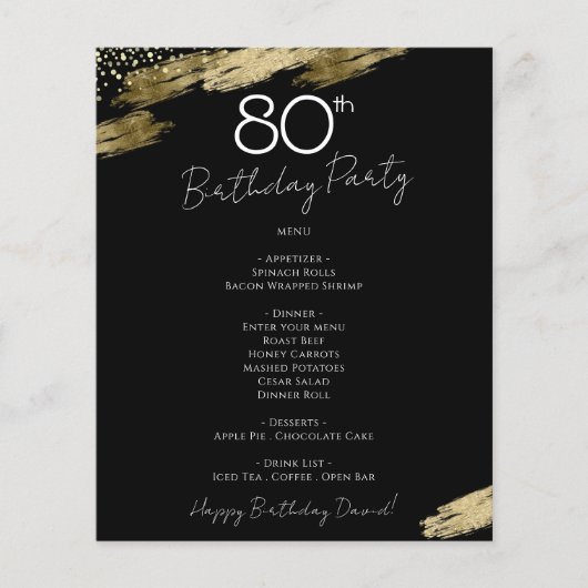 80th Birthday Black and Gold Party Menu Flyer (Voorkant)