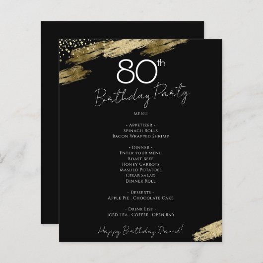80th Birthday Black and Gold Party Menu Flyer (Voorkant / Achterkant)