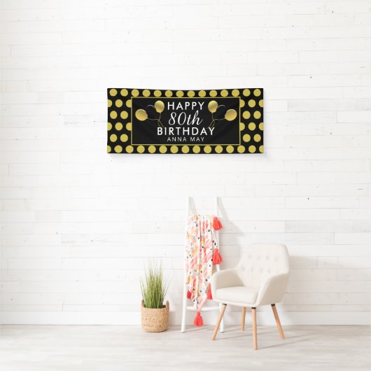 80th Birthday Black en Gold Polka Dots Name Spandoek (Insitu)