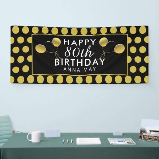 80th Birthday Black en Gold Polka Dots Name Spandoek (Beurs)