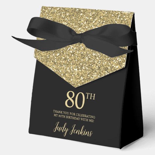 80th Birthday Black Gold Glitter Thank You Bedankdoosjes (Voorkant)