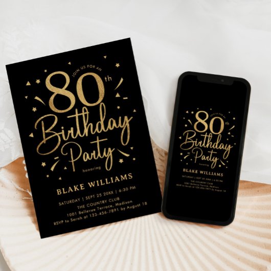 80th Birthday Black Gold Kaart