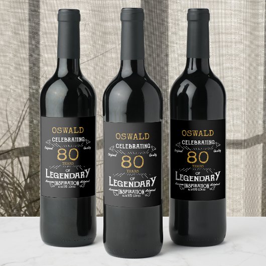80th Birthday Black Gold Legendary Funny Wine La Wijn Etiket