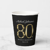 80th Birthday Black Gold Typografie Elegant Papieren Bekers (Achterkant)