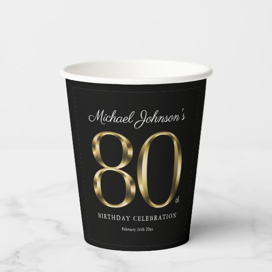 80th Birthday Black Gold Typografie Elegant Papieren Bekers (Achterkant)