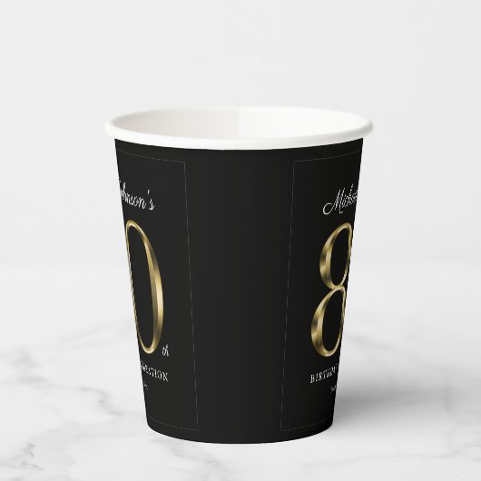 80th Birthday Black Gold Typografie Elegant Papieren Bekers (Links)