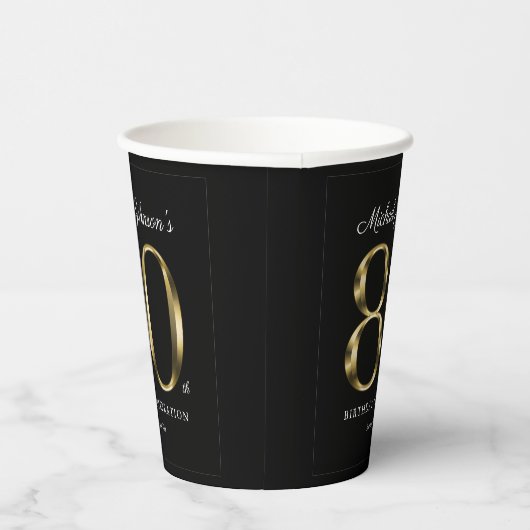 80th Birthday Black Gold Typografie Elegant Papieren Bekers (Rechts)