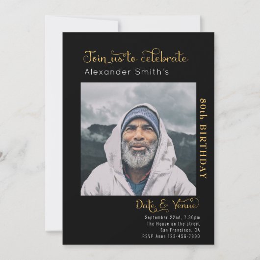 80th Birthday Black Invitation Kaart (Voorkant)