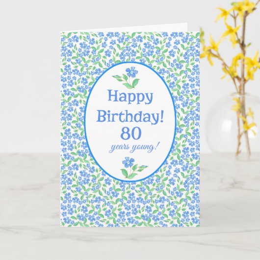 80th Birthday Blue Green Periwinkle Flowers Kaart (Gele Bloem)