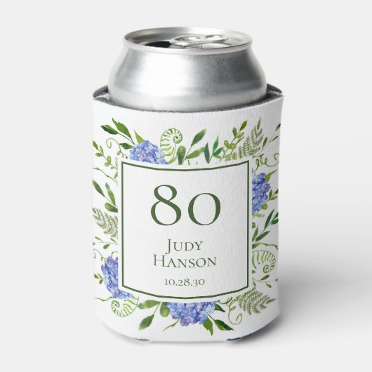 80th Birthday Blue Hydrangeas Blikjeskoeler (Blikje Voorkant)