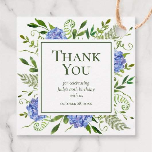 80th Birthday Blue Hydrangeas Dank u Bedankjes Labels (Achterkant)