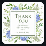 80th Birthday Blue Hydrangeas Dank u Vierkante Sticker<br><div class="desc">Deze vierkante 80ste verjaardag blauwe hortensia dank u stickers met mooie, wispy, multi-hued waterverf groen zijn prachtig en klassiek. Ze zouden er mooi uitzien als ze vastzaten op elk cadeau dat na een 80ste verjaardagsfeestje werd gegeven. In enkele seconden kun je zien hoe je stickers eruit zullen zien. Selecteer deze...</div>