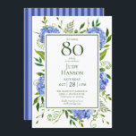 80th Birthday Blue Hydrangeas Kaart<br><div class="desc">Deze blauwe hortensia 80e verjaardag uitnodiging is perfect voor het vieren van je vrouw, moeder, zus, tante, vriend, oma. Het is mooie waterverf, blauw gestreept achterkant, en clean type maken het prachtig, modern en toch klassiek! Het is super eenvoudig om deze uitnodigingen te maken door deze sjabloon te selecteren en...</div>