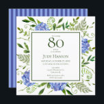 80th Birthday Blue Hydrangeas Kaart<br><div class="desc">Deze blauwe hortensia 80ste verjaardagsfeestje/bos uitnodiging is grillig en prachtig! Met zijn waterverf meerkleurige blauwe hortensia's, wispy natuurlijk groen en het coördineren van blauw gestreept terug is het perfect voor het vieren van je vrouw, moeder, zus, tante, vriend, grootmoeder. Door deze sjabloon te selecteren en uw gegevens in te typen,...</div>