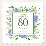 80th Birthday Blue Hydrangeas Kartonnen Onderzetters<br><div class="desc">Deze blauwe hortensia 80e verjaardagsfeest / brunch papier onderzetters zijn grillig en prachtig! Met hun waterverf veelkleurige blauwe hortensia's, kruidig natuurlijk groen zijn ze ideaal voor het vieren van je vrouw, moeder, zus, tante, vriend, oma, overgrootmoeder. Ze zullen er geweldig uitzien op je bar en tafels. Door deze sjabloon aan...</div>