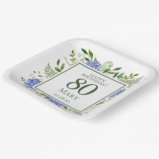 80th Birthday Blue Hydrangeas Papieren Bordje (Gebogen)